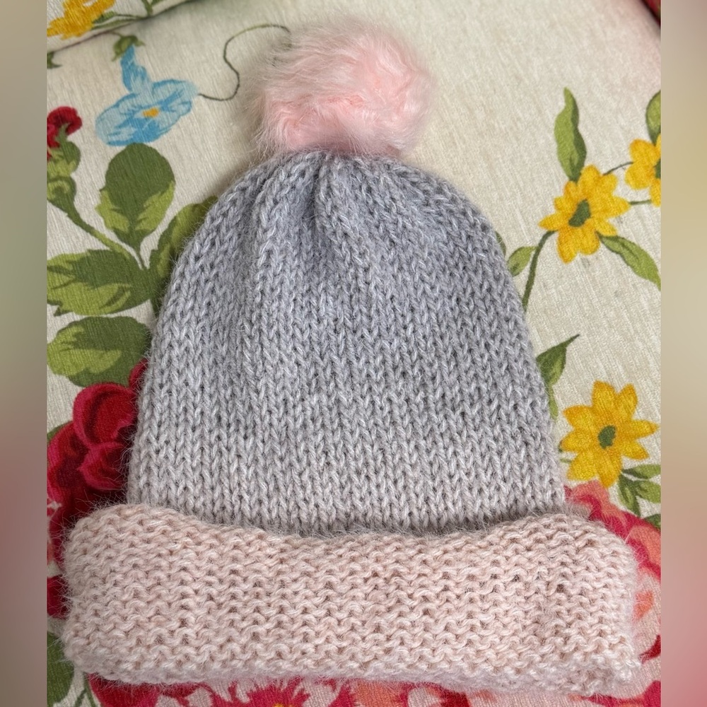 Handmade Hand Crafted Knit Slouchy Hat with Fur Pompom Gray and Pink